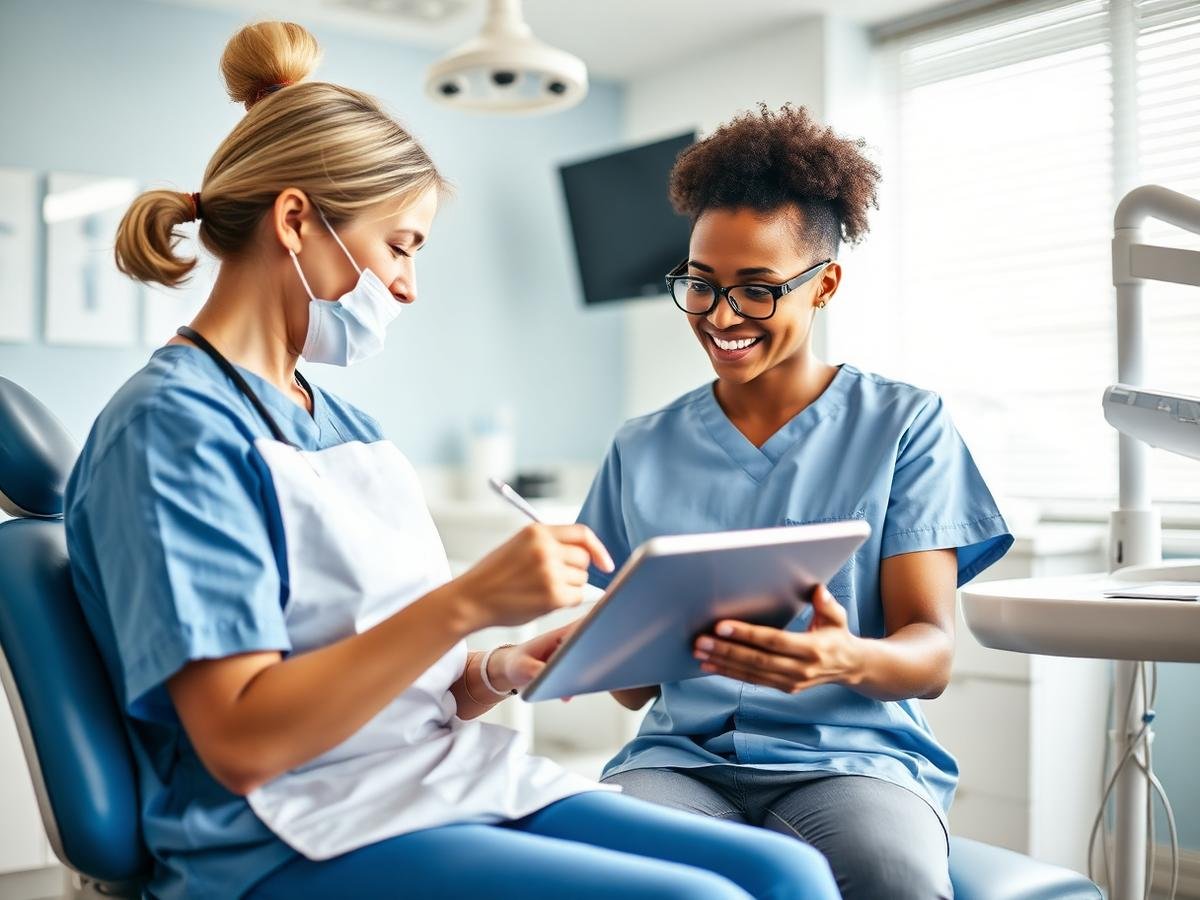 Clinician explaining oral health to a patient