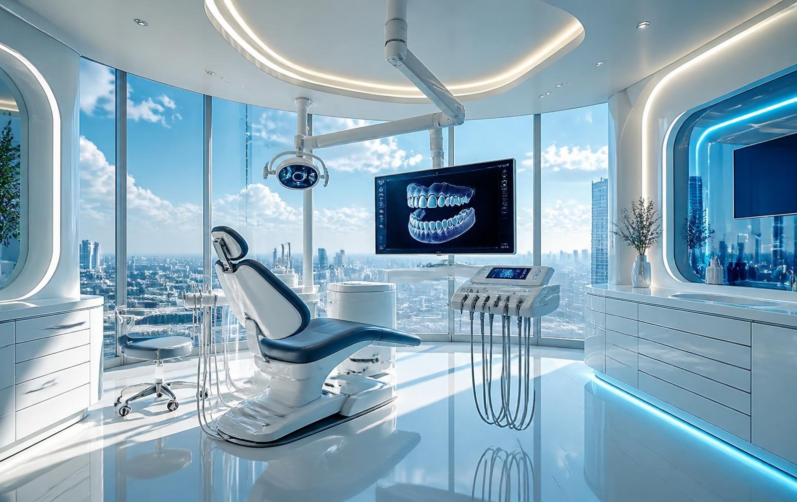 Modern dental operatory with a 3D scan on screen and a city view