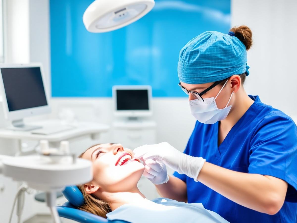 Dentist treating a smiling patient in a modern operatory